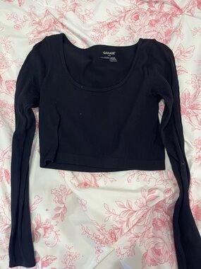 Garage Black Ribbed Long Sleeve Crop Top - Scoop Neck